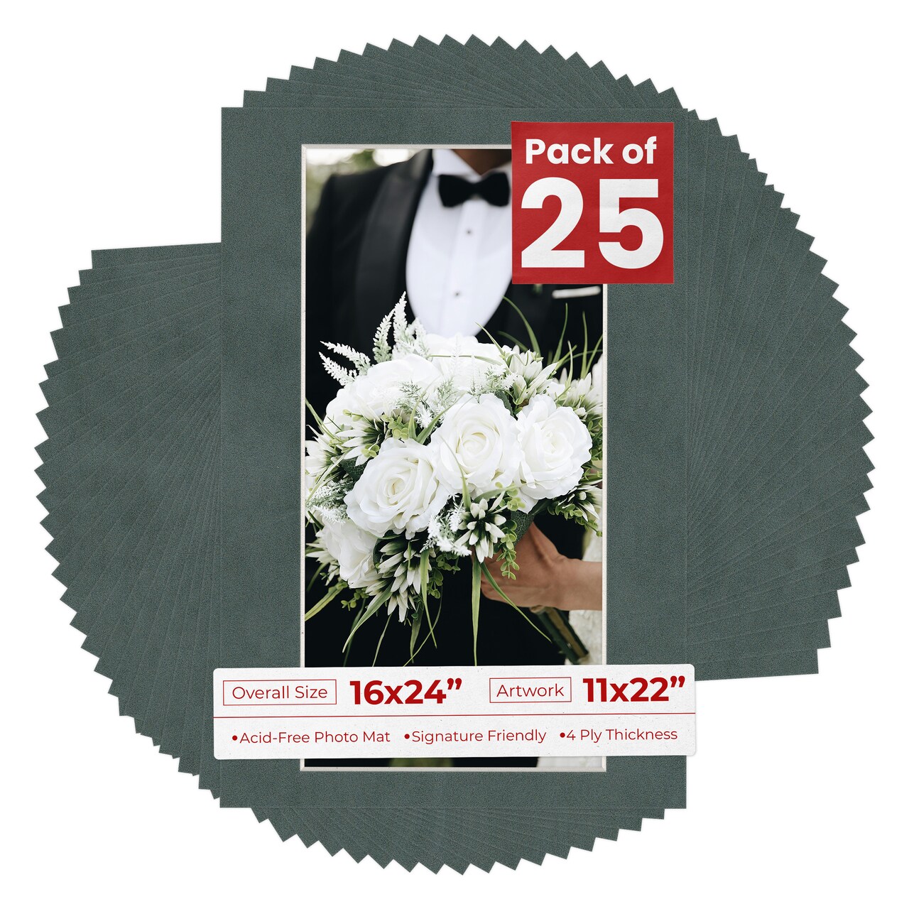 Dark Grey Suede Mat Board for 16x24 Frames - Fits 11x22 Photos